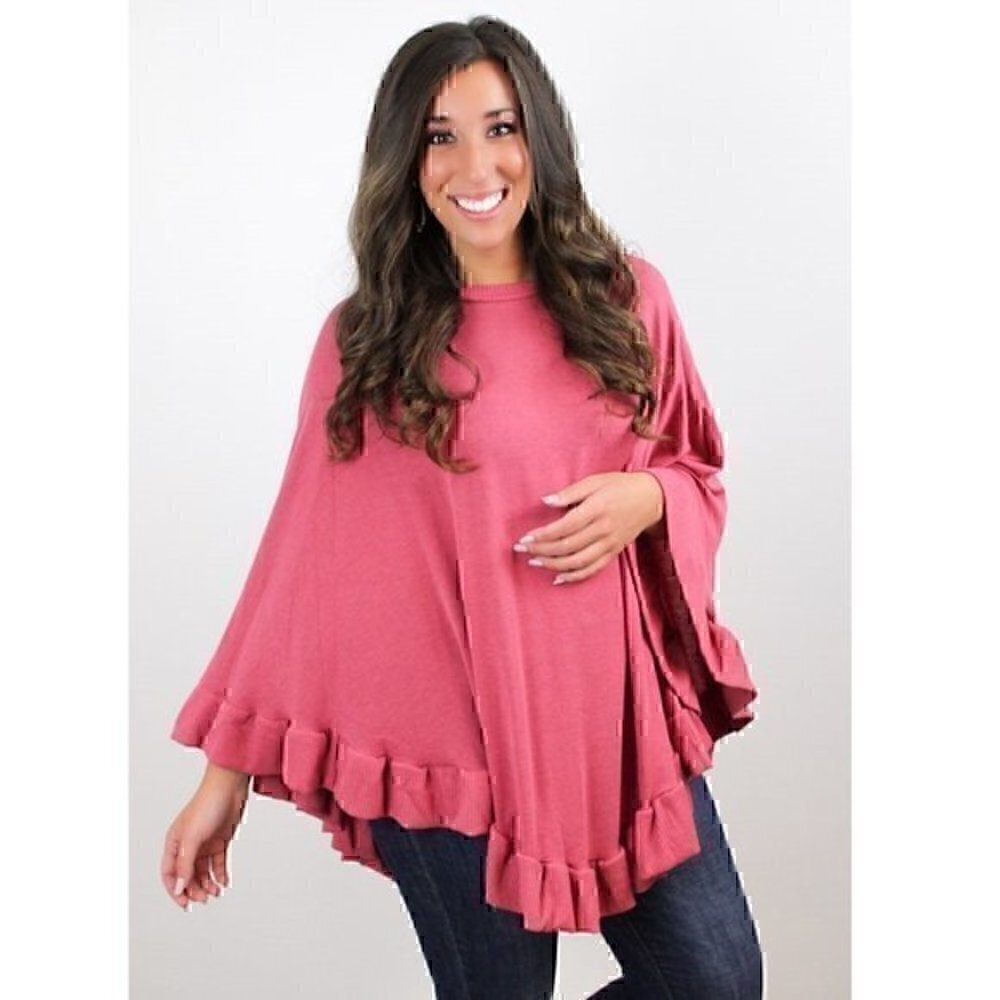 Ruffled Hem Poncho Sweater - Rose